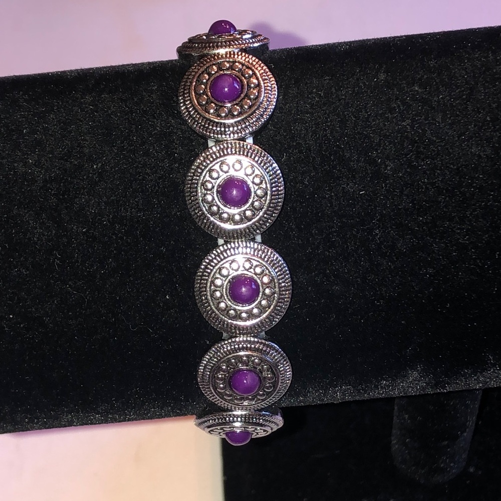 Silver Tone Purple Stone Disc Boho Stretch Bracelet